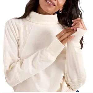 EVEREVE Women's Waffle Knit Sweatshirt LARGE Cream Kassandra Thumbholes NWT